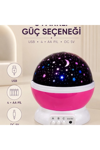 Pembe Yıldızlı Gece Lambası Döner Gökyüzü Projeksiyon Işığı Renkli