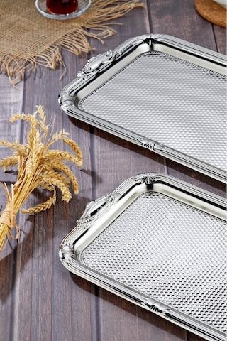 Cooker 2'li Metal Dikdörtgen Gümüş Sunum Tepsisi 43x30 Cm Ve 36x26 Cm Ckr3331 Diğer