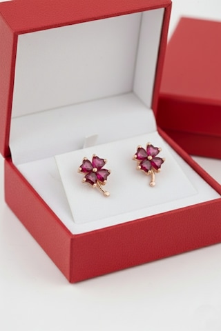 Çekirdekjewelry 925 Ayar Gümüş Yakut Taşlı Yonca Küpe Rose