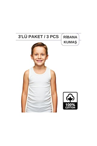 Alya Underwear Erkek Çocuk Pamuk Ribana Atlet Oval Yaka 3'lü Paket Beyaz-t05