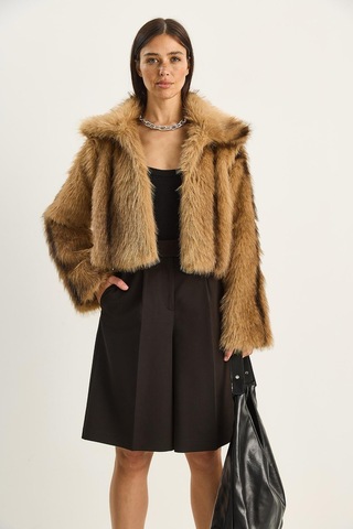 Shade Kadın Desenli Yakalı Astarlı Suni Crop Kürk Ceket 2852 60281123 - Camel-kahverengi