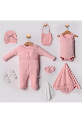Dantel İşlemeli 10 Parça Yeni Doğan Hastane Seti %100 Pamuk Pembe