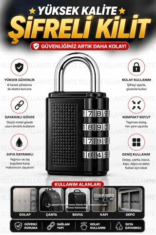 Şifreli Asma Kilit 4 Haneli Kombinasyon Kilidi Anahtarsız Metal Güvenlik Kilidi Dolap Bavul Çanta İç