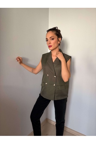 Ali Butik Haki Kruvaze Premium Yelek Haki