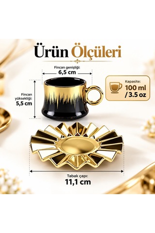 6 Kişilik 12 Parça Türk Kahvesi Fincan Seti 100 Ml Siyah Gold Detaylı Porselen Çok Renkli