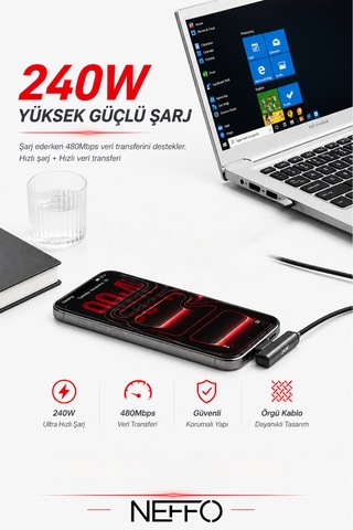 240w Ultra Hızlı Type-c Şarj Data Kablosu Katlanabilir Standlı Ergonomik Tasarım 1.5m Örgülü 1.5 M