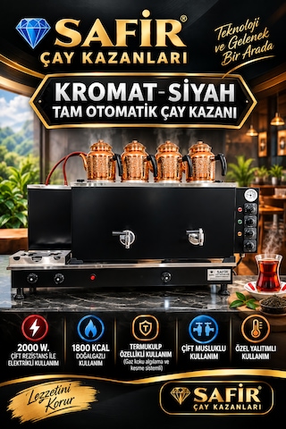 Safir 4 Demlikli Kromat Siyah Tam Otomatik Çay Kazanı Elektrikli Ve Doğalgazlı Ce Belgeli Gazmer Açılış Onaylı Gaz Emniyet Sistemli Ventilli Çay Ocağı Kazanı