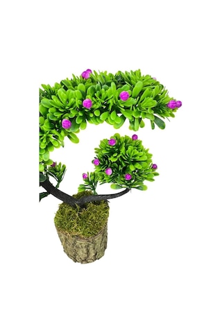 Yapay Çiçek Bonsai Ağacı Kütük Saksıda Lila Tomurcuklu Hilal Model Dekoratif Yapay Ağaç Bonzai 30 20 Cm