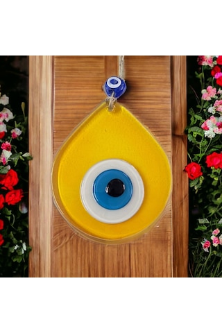 Orta Boy Şeffaf Sarı Damla Desen Nazar Boncuklu Duvar Dekoru Cam Duvar Süsü