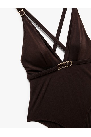 Koton Aksesuarlı Derin V Yaka Arkası Çapraz Askılı Mayo Kahverengi 5sak20044mm Kahve