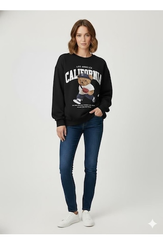 Afri Siyah Oversize Ayıcık Baskılı Kaşkorse Ribanalı 3 İplik Sweatshirt Siyah