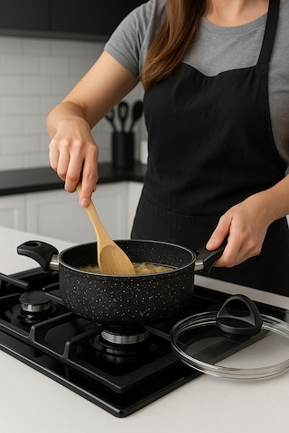 Yunusoğlu Home 24 Cm Granit Tencere 5 Litre, Isınmaz Bakalit Kulplu, Cam Kapaklı, Alüminyum Tabanlı Siyah