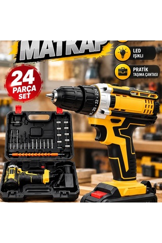 24w Darbeli Akülü Matkap Seti Metal Dişli, Çift Batarya, Led Işıklı Ve 24 Parça Aksesuarlı