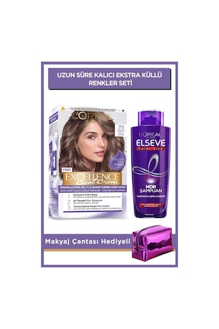 Elseve Turunculaşma Karşıtı Mor Şampuan 200 ML + Excellence Cool Creme Saç Boyası 7.11 Ekstra Küllü Kumral