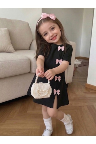 Uyguntarz Kız Çocuk Siyah Mini Elbise Pembe Fiyonk Detaylı Modern Tasarım Siyah - Pembe