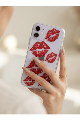 Hepsi Apple İphone Uyumlu 11 Kırmızı Dudak / Öpücük Desenli Şeffaf Telefon Kılıfı Najmaddin Çok Renkli