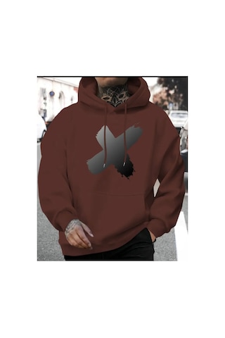 Herkesemoda X Baskı Detaylı Kapüşonlu Sweatshırt Kahverengi