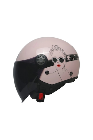 Fr-612 Bella Yarım Kask Pembe-siyah-beyaz Siyah Camlı+güneş Vizörlü