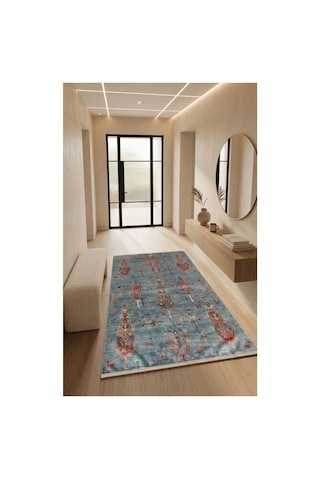 Vintage Desenli Yıkanabilir Kaymaz Taban Şönil Salon Mutfak Koridor Yolluk Halısı 111 Turkuaz Çok Renkli