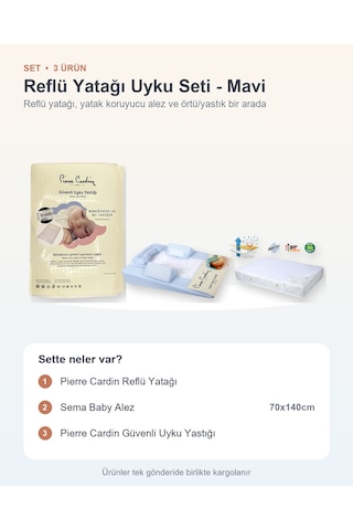 Reflü Yatağı Uyku Seti 3 Parça: Reflü Yatağı + Sema Baby Alez + Güvenli Uyku Yastığı - Mavi