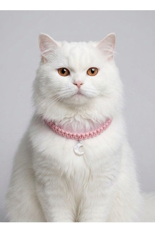 Pembe El Örgüsü Makrome Kedi Tasması 27 Cm - Ay Figürlü Charm Şık Kedi Boyun Tasması