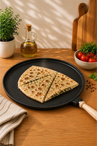 TerraStone 36 cm Granit Gözleme Bazlama Tavası – Yapışmaz Büyük Boy Saç Tava, Ahşap Saplı
