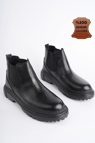 Muggo Thor Garantili Hakiki Deri Kalın Taban Erkek Kışlık Chelsea Bot Siyah