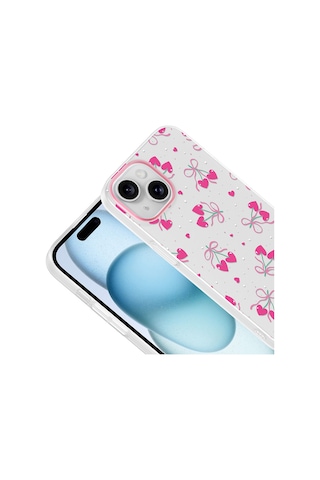 Apple iPhone Uyumlu 14 Kılıf Kamera Korumalı Desenli Zore Klip Kapak - Kalpli Kiraz -