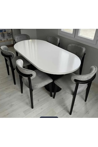 Vals Modern Siyah Ayak Oval Yemek Masası Ve Sandalye Takımı Krem