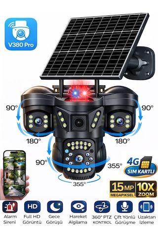 Snr 4g 3 Lensli Sım Kartlı 360 Ptz Solar Güvenlik Kamerası Güneş Panelli Gece Görüşlü Dış Mekan