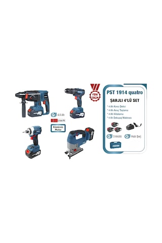 Proter PST-1914 Quatro 4.0AH 20V Li-ion Pil Kömürsüz Şarjlı Dörtlü Makina Set P1EA020