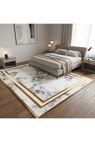 Beyaz Altın Mermer Desenli Halı Dijital Baskılı Kaymaz Tabanlı Salon Halısı Dijital Baskı Halı 7 Mm