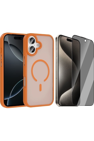 Vendas Apple Uyumlu iPhone 17 Kılıf M-safe Şarj Özellikli Mat Arka Yüzey Zore Sio Kapak + Hayalet Ekran Koruyucu Turuncu