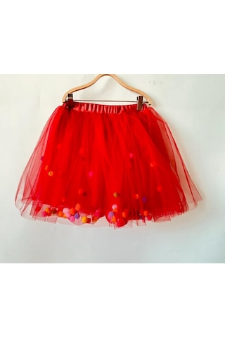 Gala İçi Ponponlu Kız Çocuk Tütülü Etek Kırmızı