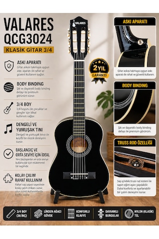 Valares Qcg3024 36 3/4 Klasik Gitar Çocuklar İçin İdeal Yumuşak Tını Kolay Çalım Çanta Ve Pena Hediye Siyah