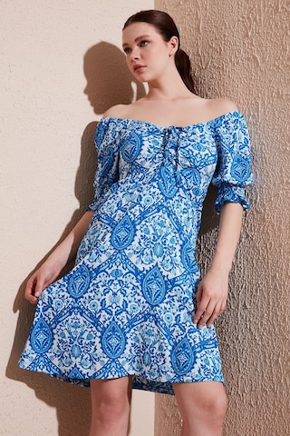 Lela Önü Büzgülü V Yaka Kolları Gipeli Bayan Elbise 5865070 Mavi
