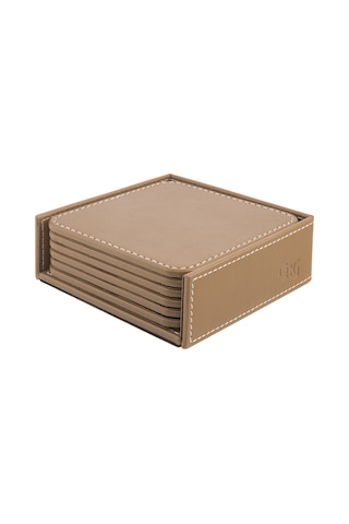 Bardak Altlığı,6 Lı Set,masaüstü Kare Cup Coaster,vegan Suni Deri,11x11 Cm.,vizon
