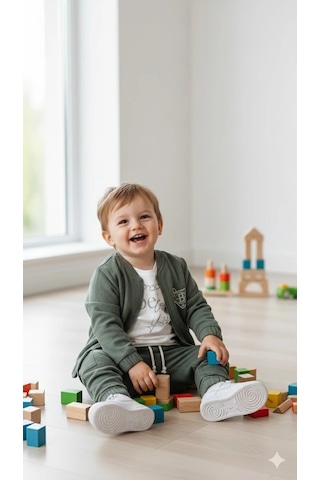 Bontino Erkek Çocuk Sweatshirt, Hırka Ve Pantolonlu %100 Pamuk 3'lü Spor Takım Haki