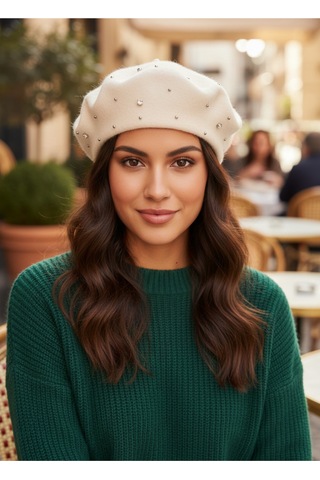 Mollycrush Kadın Beyaz Taş Detaylı Bere Şık Kışlık Aksesuar Beyaz