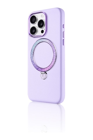 Apple Uyumlu iPhone 16 Pro Max Kılıf Magsafe Şarj Özellikli Standlı Suni Deri Pynana Dancing Circle Serisi Lila