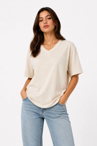 Wear Vexel Kadın V Yaka Basic Tişört Kısa Kol Yazlık Regular Fit T-shirt - Bej Bej