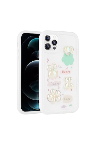 Apple Uyumlu iPhone 12 Pro Max Kılıf Kabartma Figürlü Parlak Zore Toys Silikon Kapak Beyaz