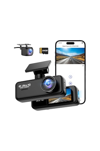 4k + 1080p Dash Cam Ön Arka Kamera, Wifi, 64gb Sd Kart, Ultra Gece Görüşü, G-sensör, Döngüsel Kayıt