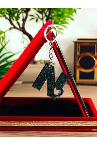 Harfli Anahtarlık Epoksi Kişiye Özel Yapım El Yapımı Harf Anahtarlık Kalp Model Özel Tasarım Hediyelik Ürün Kalp Desenli Simli Anahtarlık Altın - Siyah