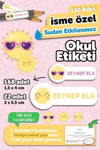 Okul Etiketi Kalem Defter İsimli Etiket Isim Yazılabilen Güneş Temalı - 190 Adet Özel Tasarım Çok Renkli