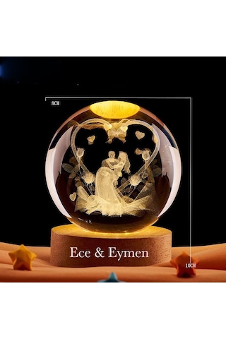 Romantik Çift Figürlü Led Işıklı 3d Kristal Küre Kalp Tasarımlı Dekoratif Gece Lambası 8 Cm