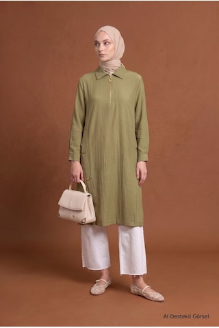 Armine Trend Fermuar Detaylı Yakalı Uzun Tunik Yan Düğme Detaylı Rahat Kesim Tesettür Tunik 111 Cm Boy Küf Yeşili 26yt447
