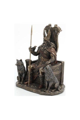 Veronese Design Tahtta Oturan Odin Kurtlarla Birlikte - Viking Dekor Heykeli