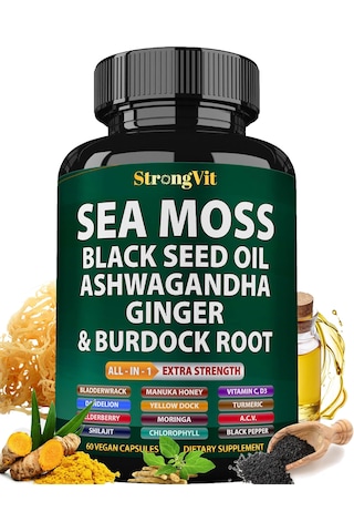 Strongvit Sea Moss Black Seed Oil,hint Ginseng, Burdock Root All-in-1 Extra Strength 60 Vegan Kapsülleri