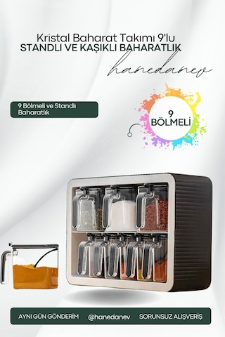 9'lu Baharatlık Takımı Standlı Kendinden Yapışkanlı Kaşıklı Ve Kapaklı Baharatlık Seti Çok Renkli